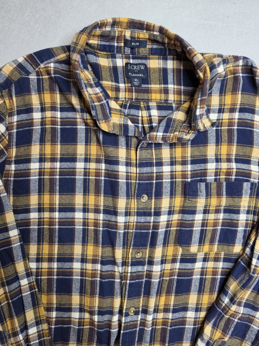 J.Crew Men's Yellow & Navy Plaid Flannel Shirt XL Slim